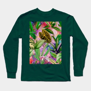 Tropical tropical floral leaves and foliage botanical illustration, pink purple leaves pattern over a Long Sleeve T-Shirt